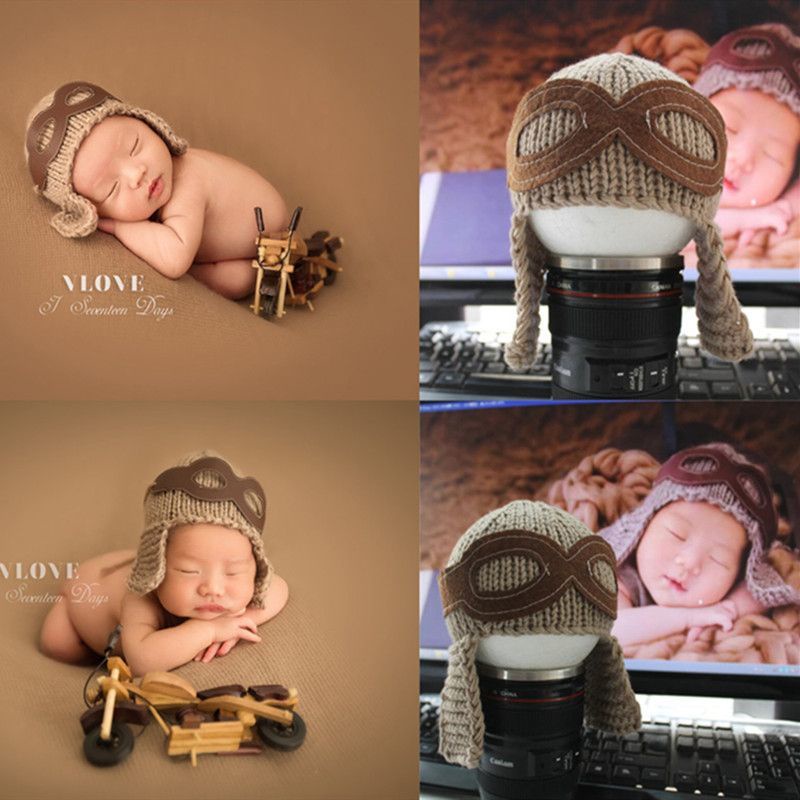 ★6971.2022新款兒童攝影道具寶寶空軍帽手工針織寶寶拍照飛行員造型帽子