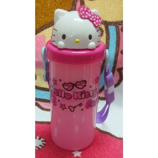 日版﹝Sanrio﹞限定※Hello Kitty凱蒂貓※【Kitty頭型水壺蓋+吸管造型】側背式翻蓋水壺