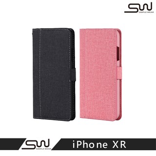 【SIMPLE WEAR】Apple iPhone XR 專用前收納式側掀皮套-黑 / 粉