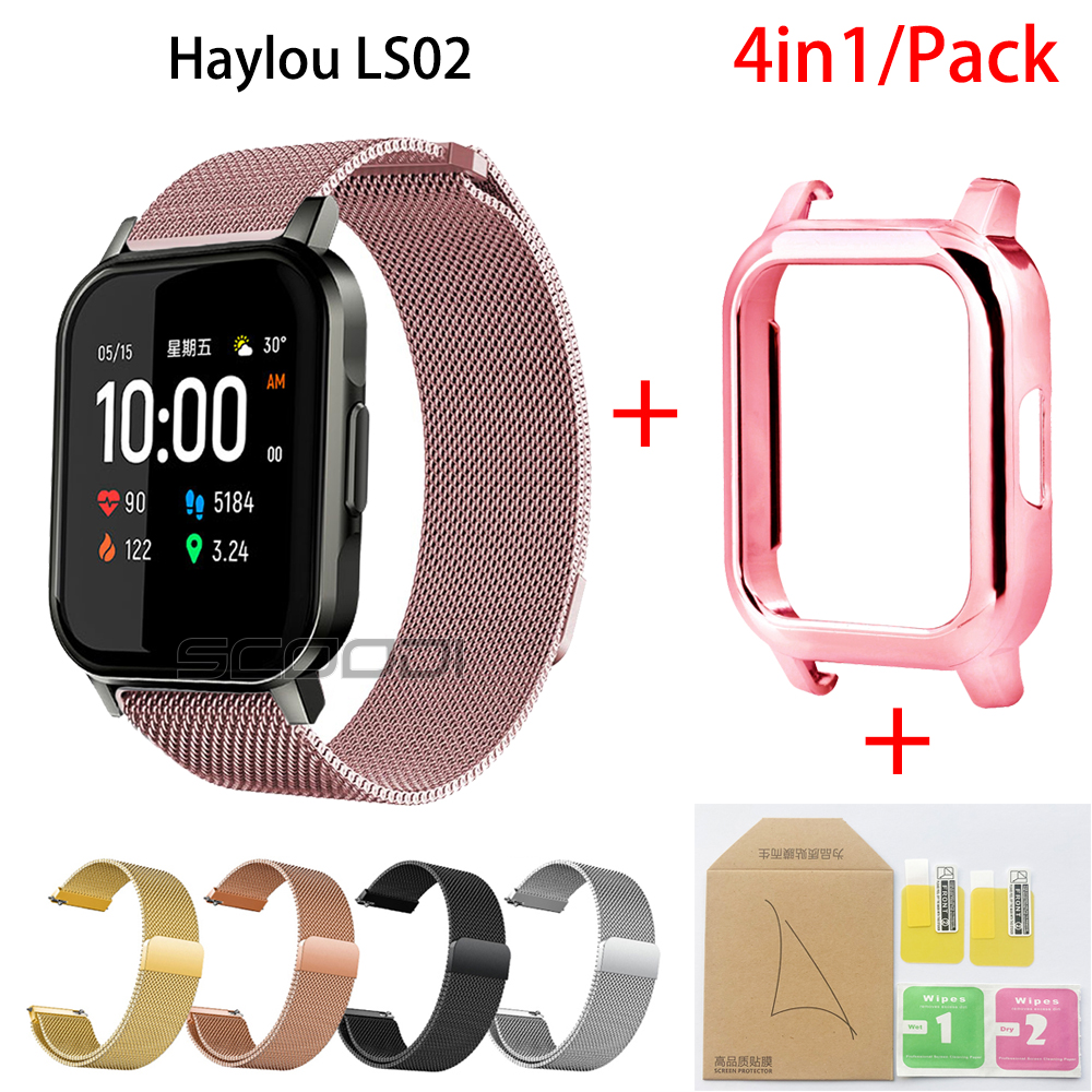 適用於小米 Haylou Ls02 錶帶腕帶米蘭不銹鋼 Smartwatch 手鍊 Ls02 屏幕保護膜電鍍保護套的 4