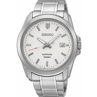 SEIKO WATCH 精工簡約紳士大三針藍寶石水晶鏡面白面100米防水鋼帶石英腕錶 型號：SGEH45P1