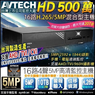 AVTECH 陞泰 5MP 1944P AHD TVI 高畫質16路4聲監控主機 DVR H.265 位移偵測 類比
