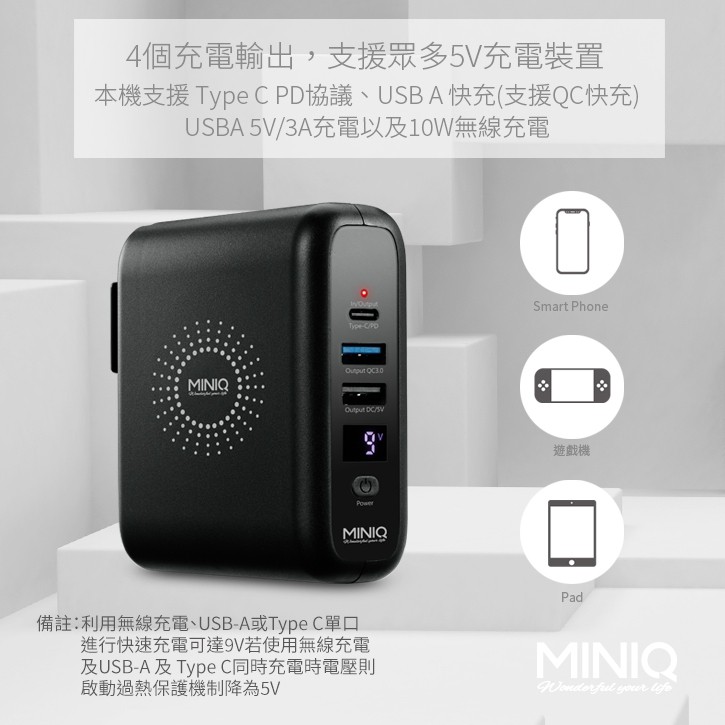 【mini Q】ACMD-001無線數顯 行動電源+PD快充+充電頭+無線充 兼具QC/Type-c快充