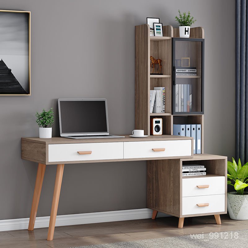 北歐實木電腦桌輕奢臺式傢用書桌書架組閤一體桌可伸縮臥室寫字桌 VOE6