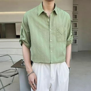 男士短袖襯衫 M-3XL 夏季新款 潮牌ins高級感寬鬆上衣 垂墜感五分袖 痞帥白色襯衫