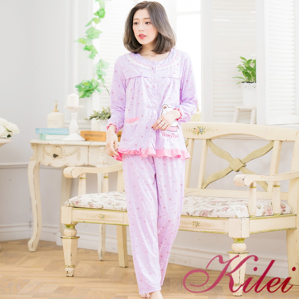 【Kilei】小熊日系印花哺乳孕婦裝居家二件式睡衣組XA3518(甜美淺紫)全尺碼