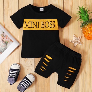 0-3 歲男嬰夏季時尚 MINI BOSS 短袖 T 恤 + 破洞設計短褲街頭服飾/卡通小黃人