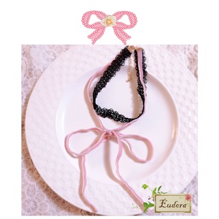 [韓國空運]現貨*雙層黑蕾絲粉紅蝴蝶結造型頸鍊