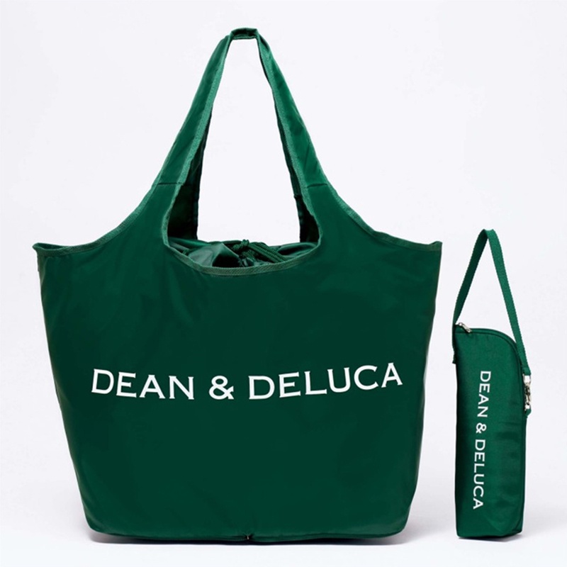 wbar☆日本雜誌附錄 DEAN＆ DELUCA 綠色束口折疊購物袋+保溫保冷水壺套兩件組 手提包 托特包