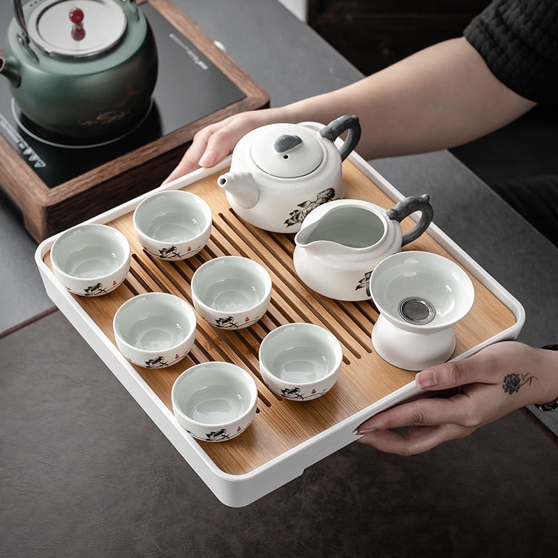 免運 汝窯功夫茶具套裝 家用簡約整套陶瓷泡茶壺茶杯托盤 儲水茶盤組 茶具組 茶杯組 茶壺組 泡茶組 茶具 茶壺茶杯蓋碗