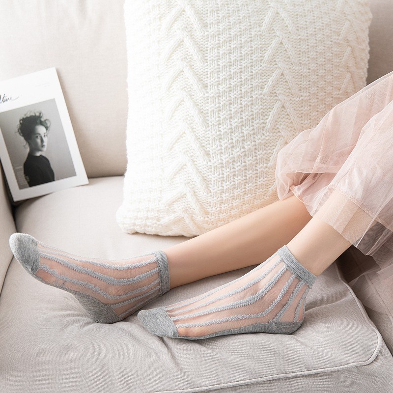 新款 韓國 卡絲襪 女襪 日系 豎條紋 襪子 夏季 薄款 透明 水晶玻璃卡絲 短襪 絲襪