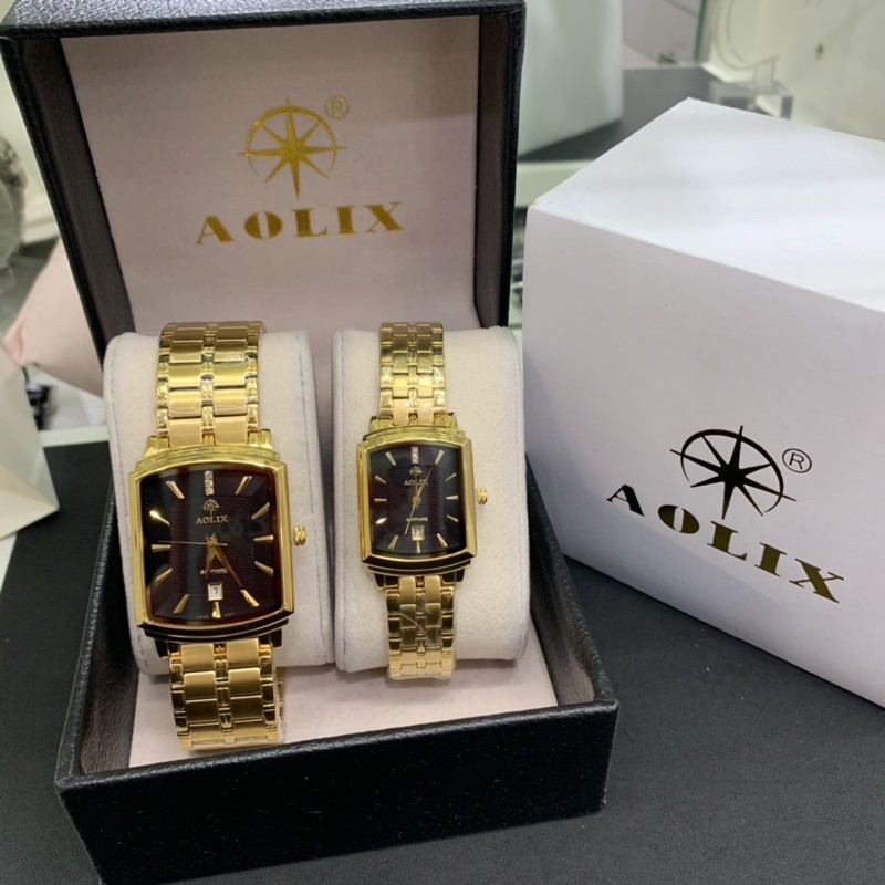 【AOLIX】奢華時尚金錶 日本機芯 黑面方形款對錶 防刮 防水 保固一年 藍寶石鏡面 實體店面 附精美錶盒