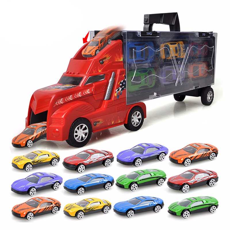 DIY手提貨櫃車 带声光 帶12只仿真合金小汽車 男童 模型玩具 游戏地图 骰子 儿童玩具车