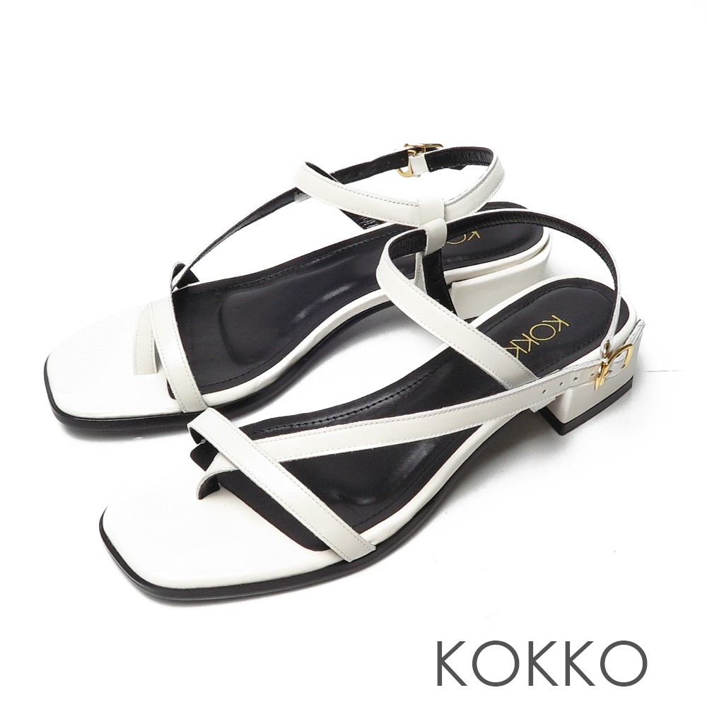 KOKKO時髦方頭小牛皮線條夾腳繫帶粗跟涼鞋白色