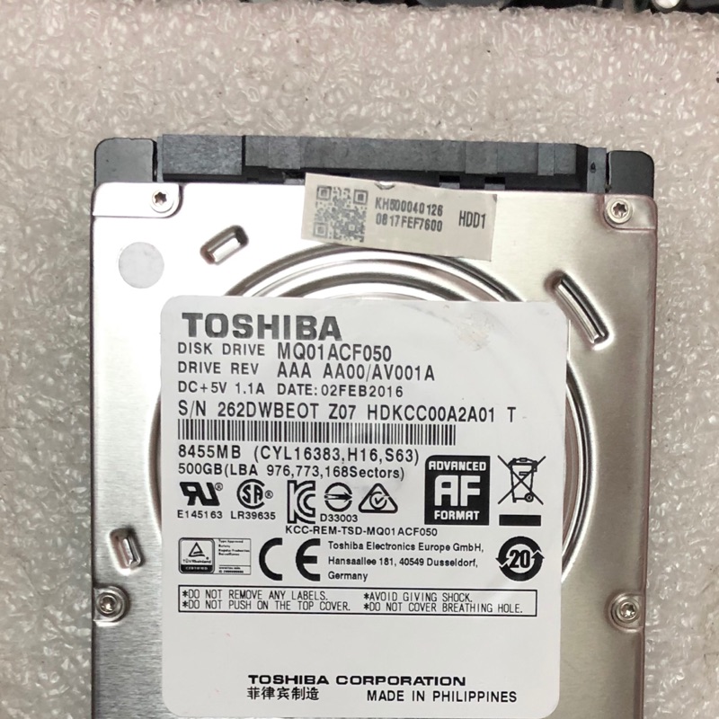 TOSHIBA 東芝 2.5吋 500G 7200轉 MQ01ACF050 ( 7.5mm ) 三重自取500元 非1T