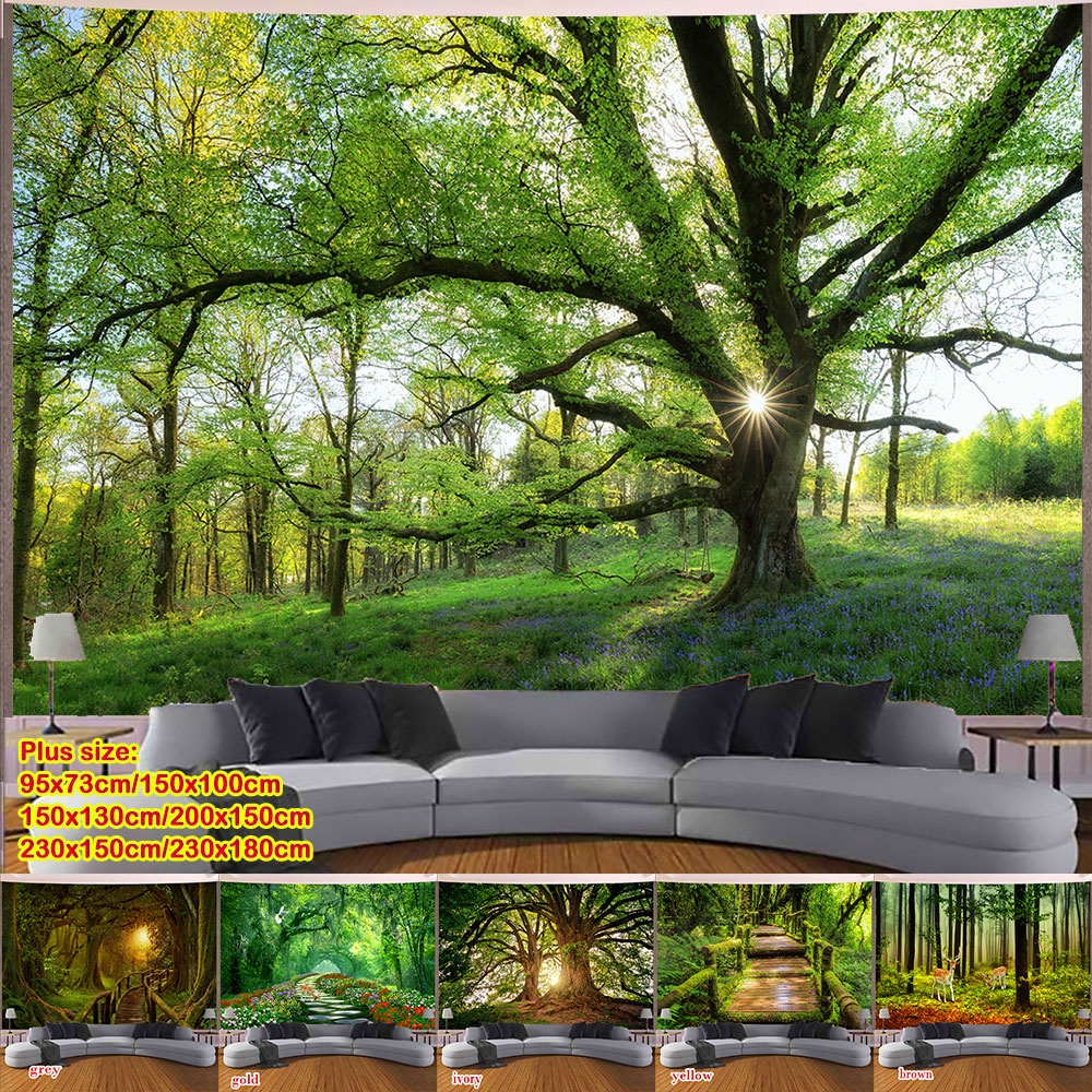 森林樹林風景北歐風掛布 送安裝包 装饰燈 加厚絨布掛毯ins背景布房間掛布墻壁裝飾布掛畫床頭畫布大廳壁布