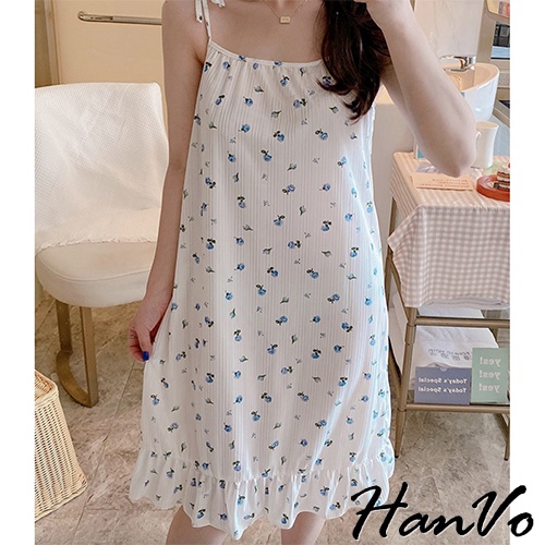 【HanVo】小碎花細肩綁帶連身睡衣裙 現貨日系睡衣睡裙女裝韓版成套睡衣 女生衣著 5921