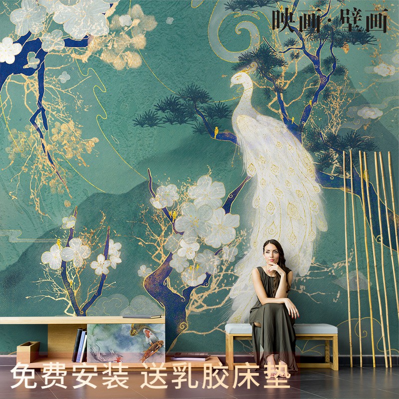 熱銷壁畫 中式手繪抽象復古白色孔雀壁紙客廳電視背景墻紙無縫定制壁畫墻布 蝦皮購物