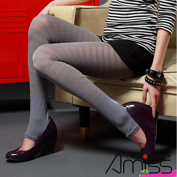 【Amiss】三合一‧條紋金蔥踩腳褲襪-斑馬造型(灰/金) C103-4