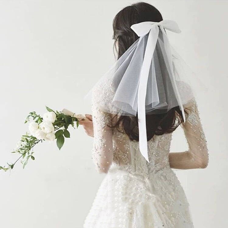 热销2019蝴蝶結短款素紗新娘頭紗領證小頭紗婚紗頭飾森旅拍韓式頭紗 蝦皮購物