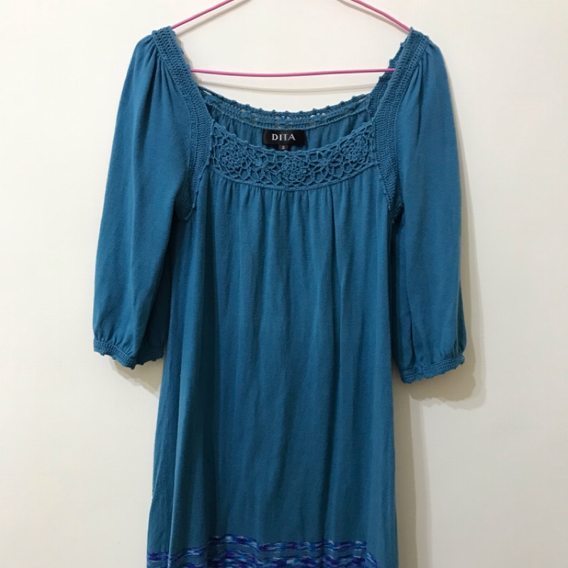 二手 DITA專櫃 土耳其藍針織民俗風長版上衣 洋裝
