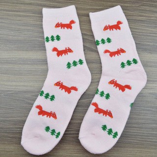韓國創意插畫-動物襪加厚保暖純棉毛巾襪-紅狐狸 (淺粉紅底色)