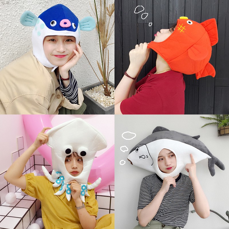 BOSYMART】海鮮造型童趣卡通河豚章魚鹹魚帽子頭套搞怪賣萌自拍道具頭套 
