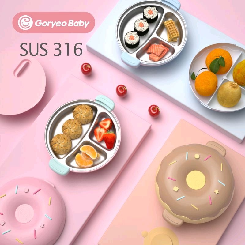 goryeobaby韓國不繡鋼飯盒保溫3分格便當盒兒童學生帶蓋餐盤甜甜圈餐盤寶寶餐具兒童餐具