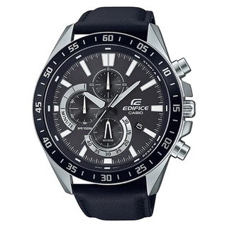 【CASIO】EDIFICE 簡約經典三眼三針大錶盤三眼指針皮帶腕錶-黑框X黑面(EFV-620L-1A)公司貨