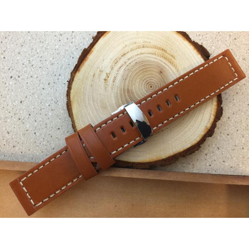 24mm直身 棕色真皮錶帶 Hamilton panerai的新衣,banda軍錶飛行風格雙按式不鏽鋼蝴蝶扣