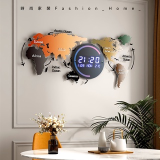 北歐風掛鐘 地圖時鐘 電子鐘 LED時鐘 世界地圖 數字時鐘 亞克力材質 超大號壁鐘 客廳餐廳掛錶 沙發背景牆壁裝飾鐘錶