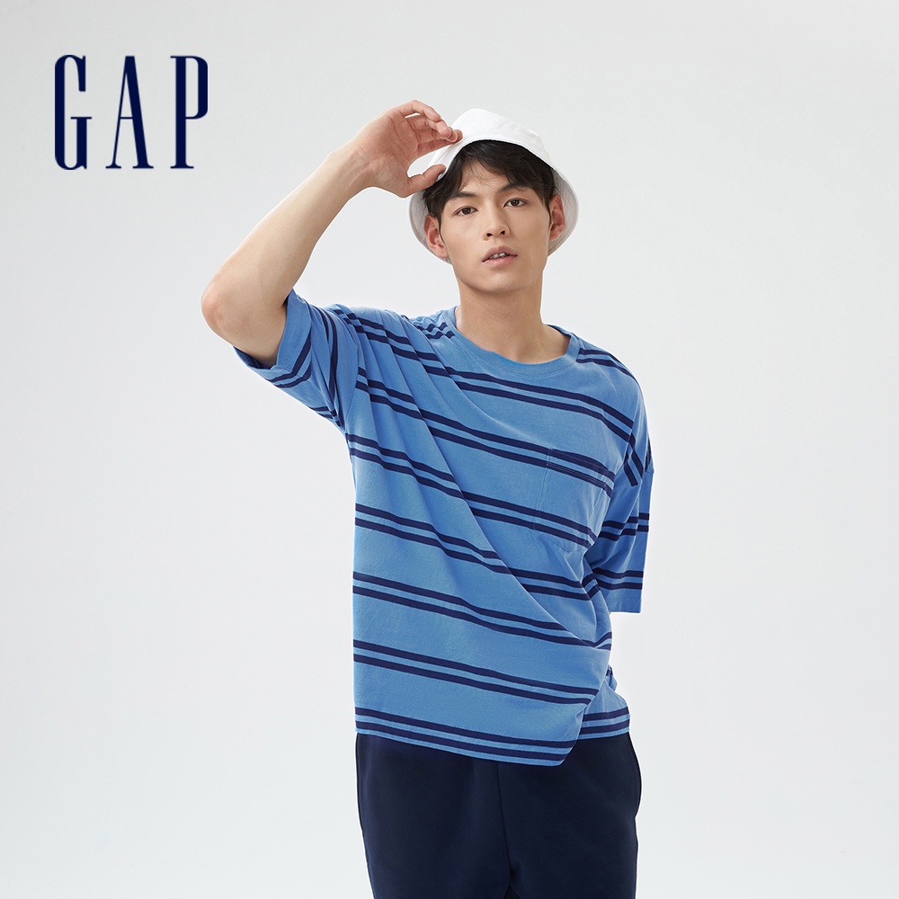 Gap 男裝 條紋/素色短袖T恤 厚磅密織碳素軟磨系列-藍色條紋(735902)