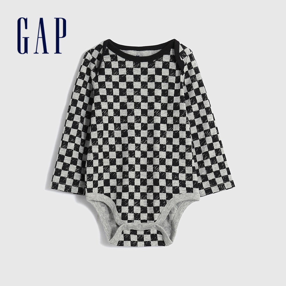 Gap 嬰兒裝 純棉棋盤格長袖包屁衣-黑灰棋盤格(771585)