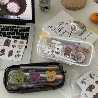 Ohaya丨透明天窗筆袋可愛diy小熊貼紙筆袋 ins風收納袋pvc學生簡約文具袋 小熊筆袋