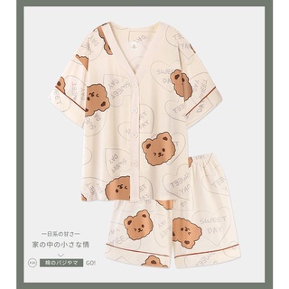 Pbeno睡衣女2022年新款夏季短袖短褲小熊棉質套裝開衫女士家居服