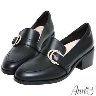 Ann’S日系微甜-小羊皮閃耀鑽石扣粗跟樂福鞋5cm-黑(版型偏大)