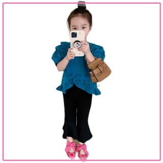 ✨小不點兒✨韓版童裝2022夏女童短袖襯衫中小童不規則荷葉邊泡泡袖娃娃衫上衣(90cm-140cm)