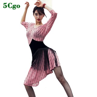 5Cgo【鴿樓】拉丁舞練功服套裝女成人秋落肩袖條紋顯瘦長袖流蘇裙拉丁舞裙子連衣裙ZD97 602286175028