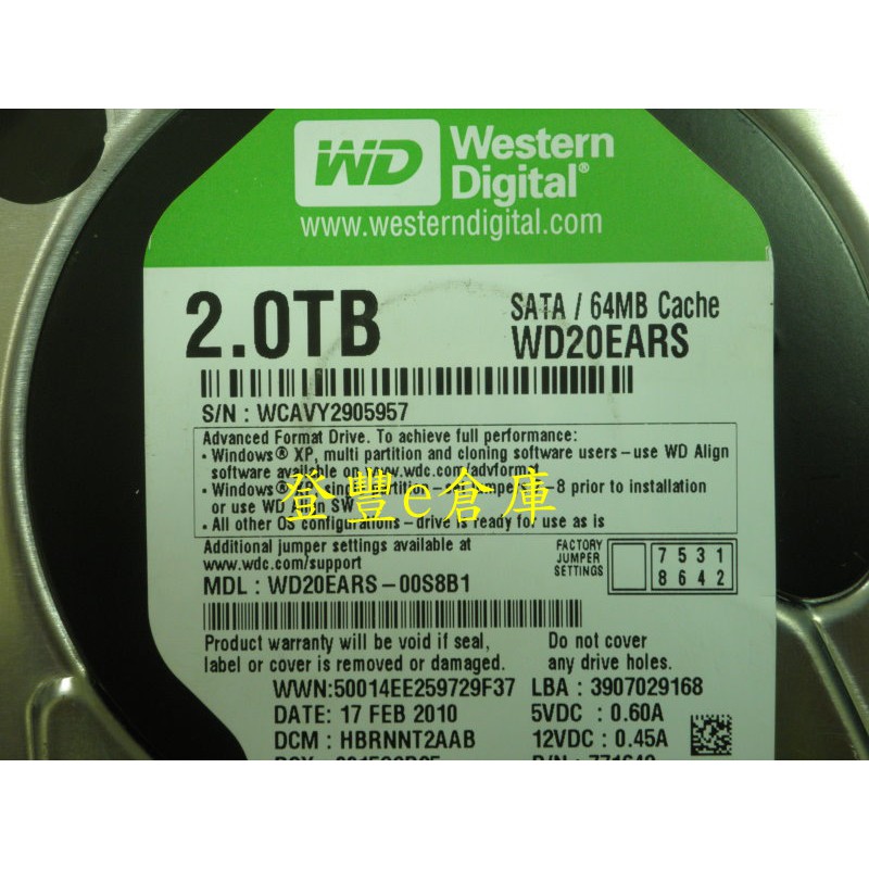 【登豐e倉庫】 YF227 WD20EARS-00S8B1 2TB SATA2 硬碟