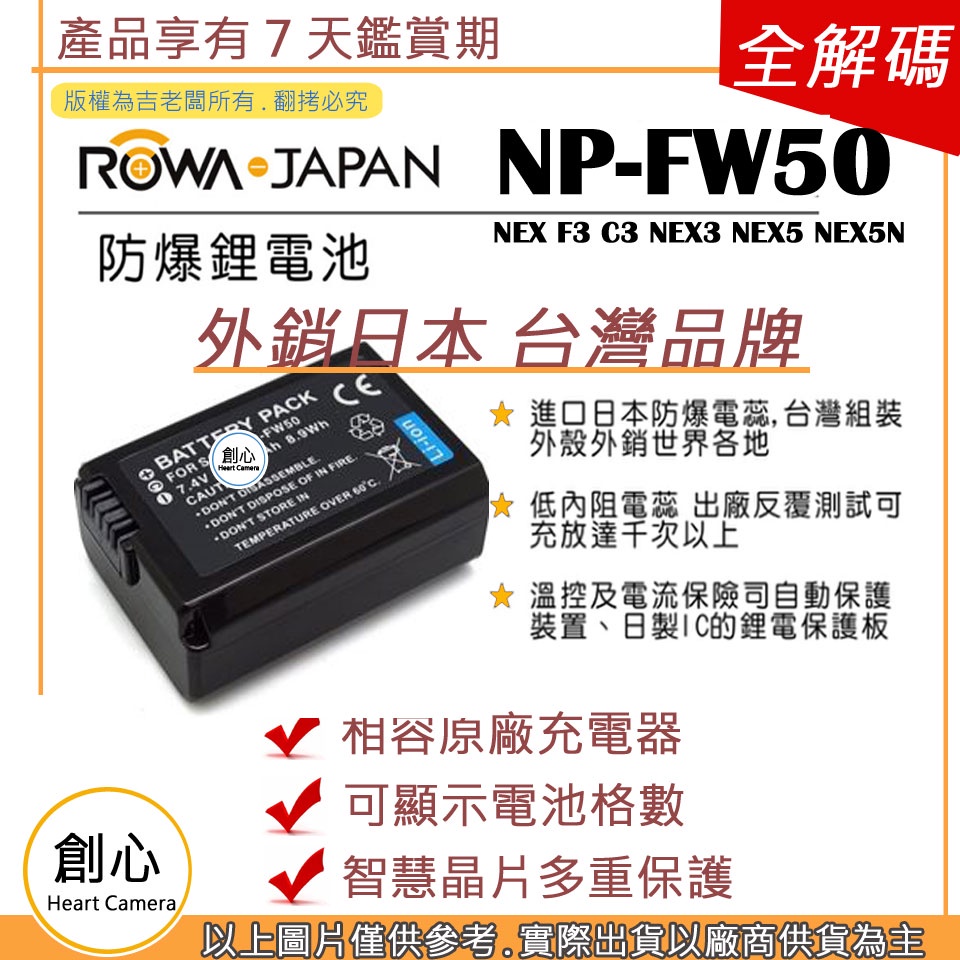 創心 ROWA 樂華 SONY NP-FW50 FW50 電池 NEX F3 C3 NEX3 NEX5 NEX5N