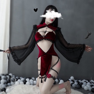 📣臺灣👗熱銷🌟🌟✨情趣內衣 暗黑女巫系列角色扮演 鏤空絲袖旗袍套裝魔女遊戲服綁帶制服 cosplay套裝 情趣角色服