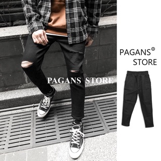 【PAGANS STORE】韓國 VINGE 彈性 修身 高磅數 黑色 刀割 破壞 九分褲 破褲 九分 長褲 牛仔褲