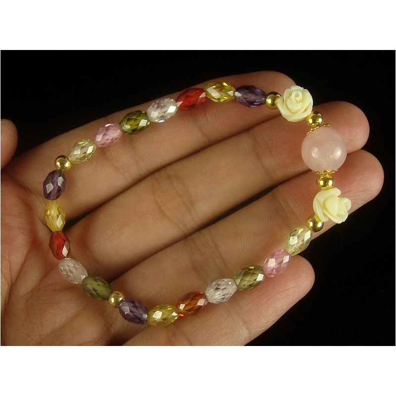 彩色飾界╭☆水晶坊-優質鋯石搭粉晶海竹白珊瑚玫瑰手鍊 非常漂亮