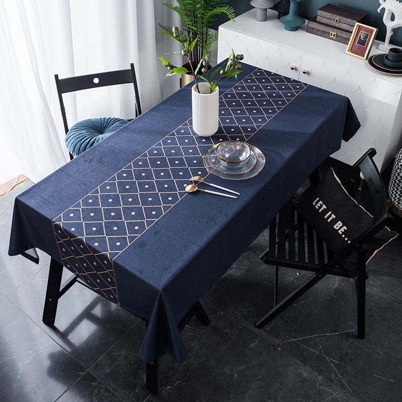 抽象深藍色幾何天鵝絨金色歐式桌布絨面餐桌布長方形茶幾布蓋布 蝦皮購物