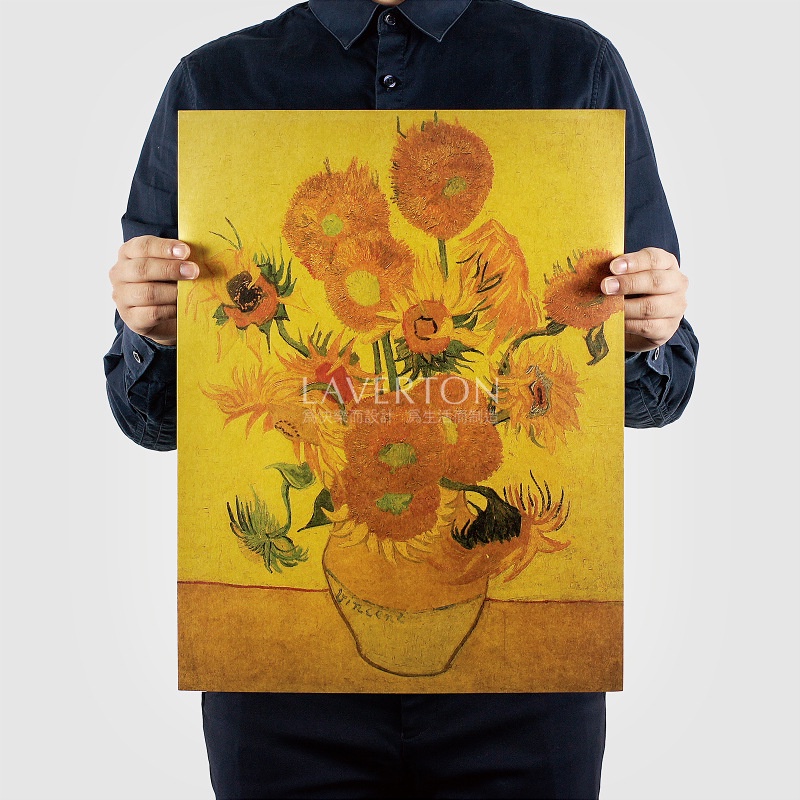 梵高著名向日葵懷舊復古油畫牛皮紙海報裝飾畫芯47x36