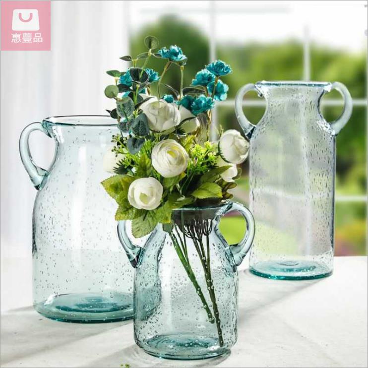 【惠豐品】簡約 歐式 高檔 碧藍色 雙耳 氣泡 玻璃 花瓶 客廳 花器 擺件 裝飾 透明 水培居家百貨 家裝日用