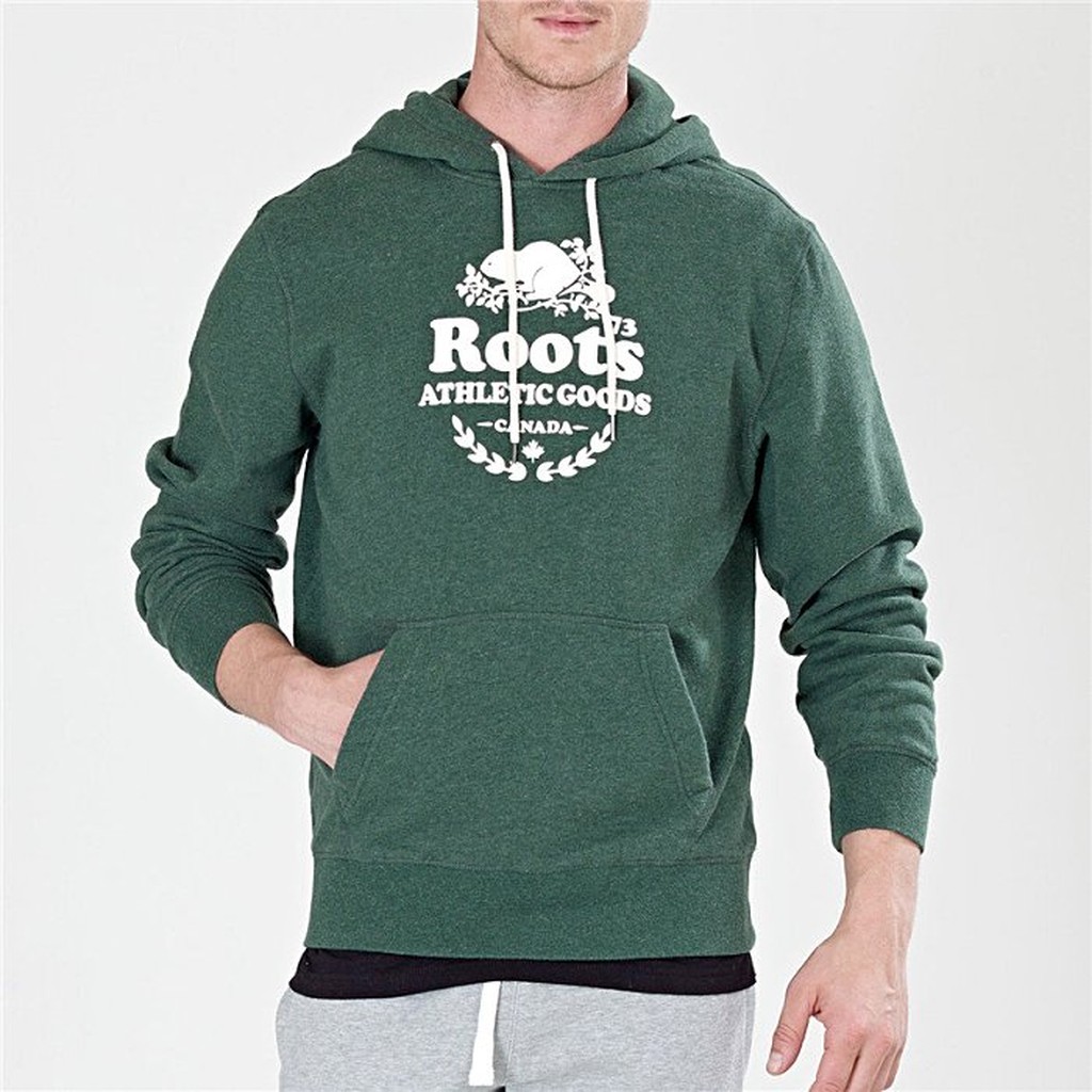 全新正品 ROOTS 男款 桂冠海狸 基本款連帽長T 綠色