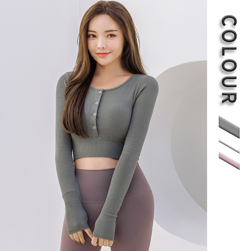 Vivi 韓版瑜伽服長袖運動t恤女半鈕釦修身彈力運動健身服速乾透氣t恤戶外跑步運動上衣帶胸墊瑜伽舞蹈訓練運動罩衫長袖t恤 蝦皮購物