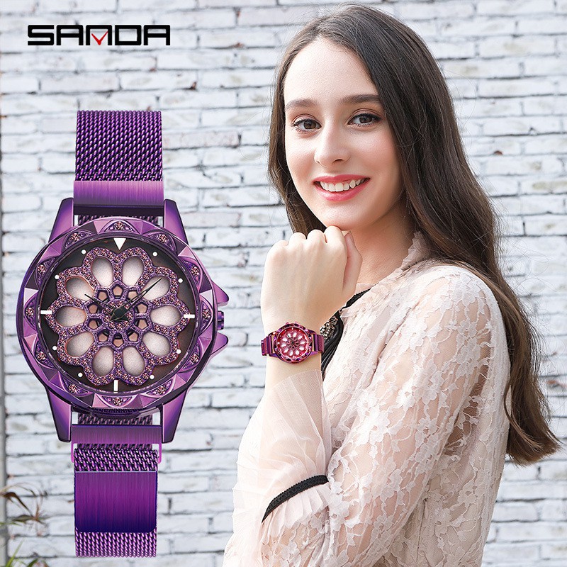 SANDA三達奢華時尚女士手錶學生手鏈鑲鑽網帶時來運轉女式石英腕表