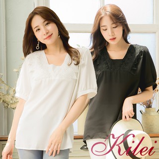 【Kilei】女裝 女生衣著 方領素色蕾絲短袖上衣XA4235(共3色)大尺碼
